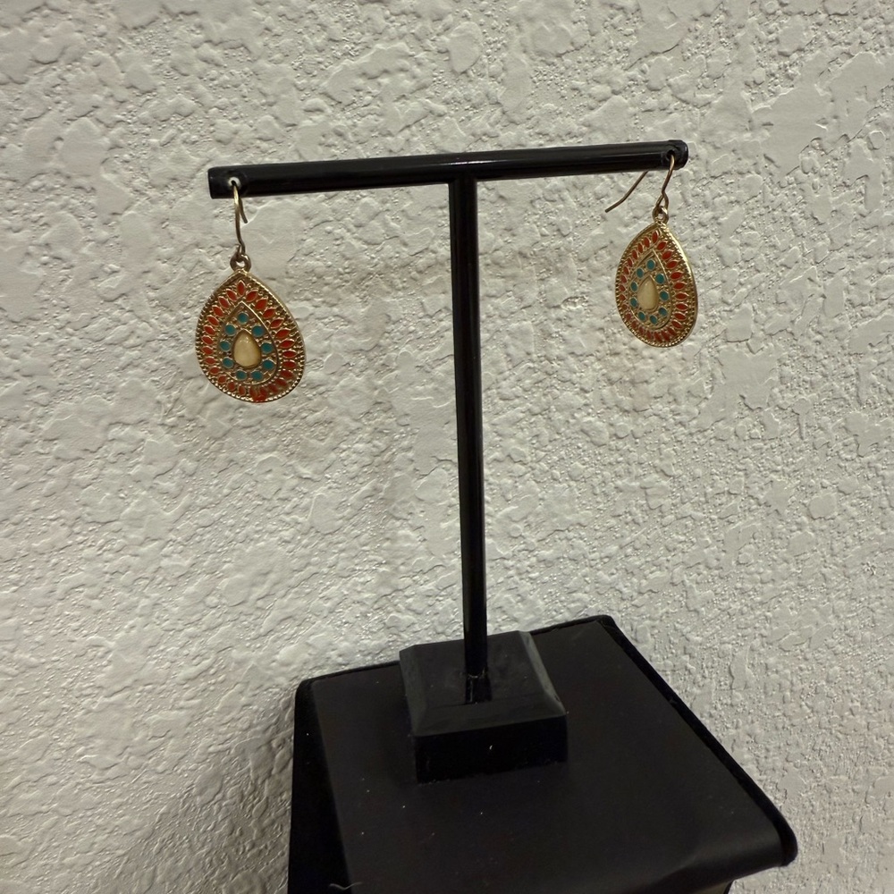 Elegant Teardrop Earrings with Turquoise and Gold Accents
